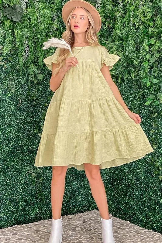 And the Why - Soft Sage Tiered Ruffle Sleeve Mini Dress