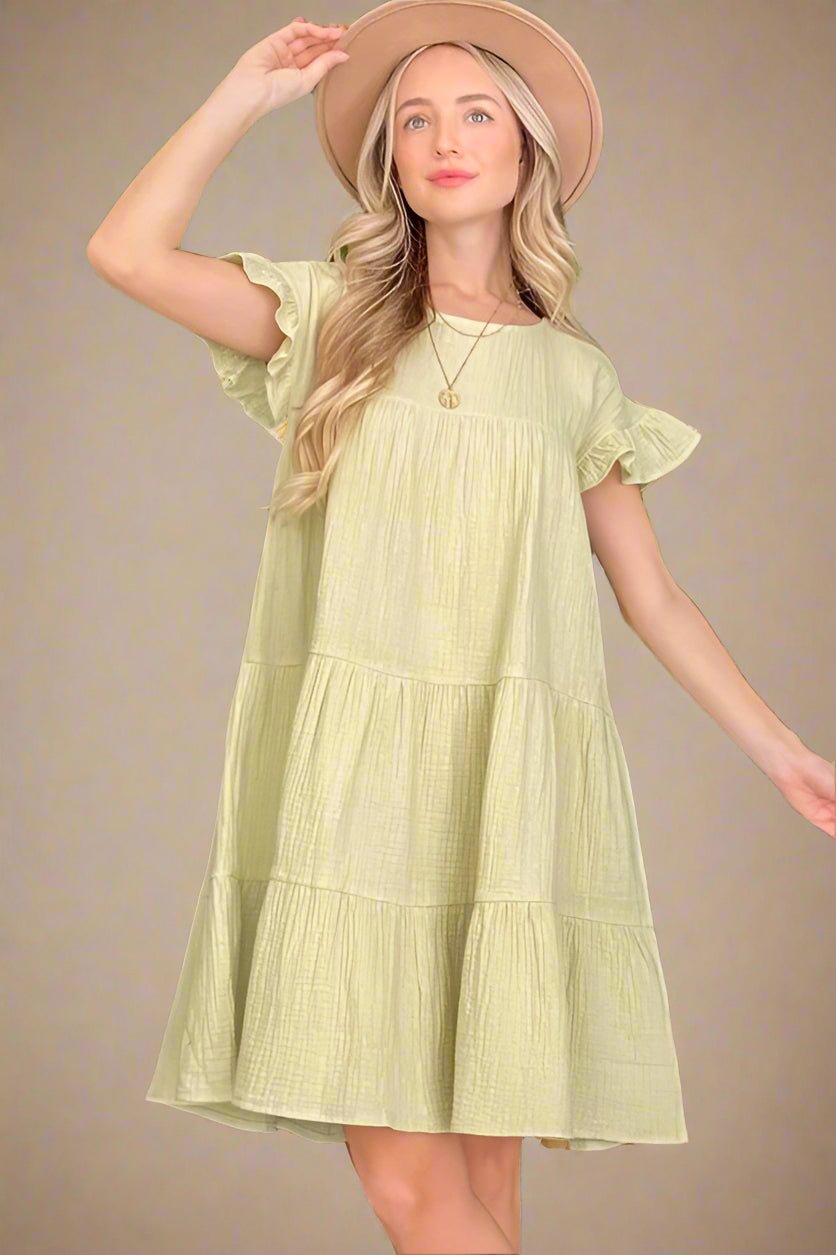 And the Why - Soft Sage Tiered Ruffle Sleeve Mini Dress