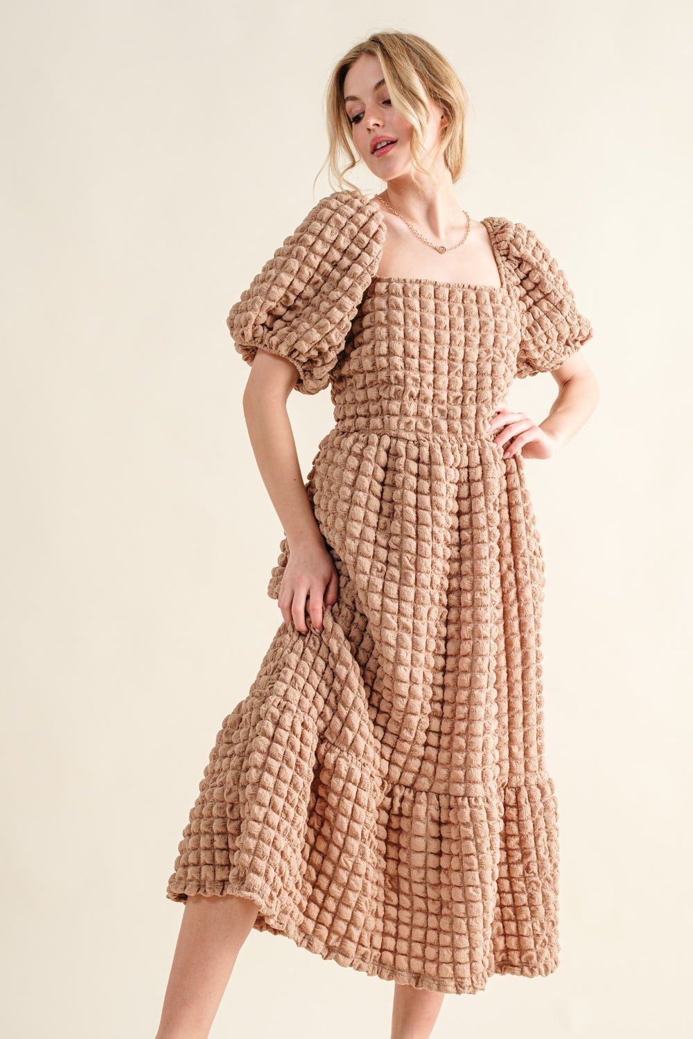 And the Why - Square Neck Puff Sleeve Midi Dress in Latte