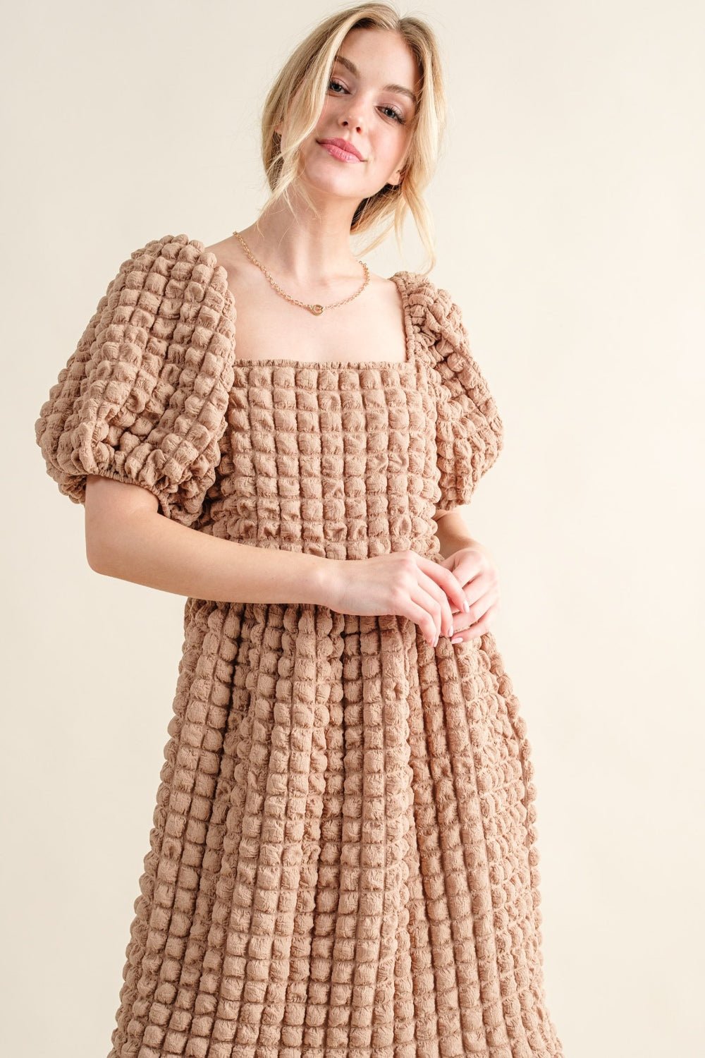 And the Why - Square Neck Puff Sleeve Midi Dress in Latte