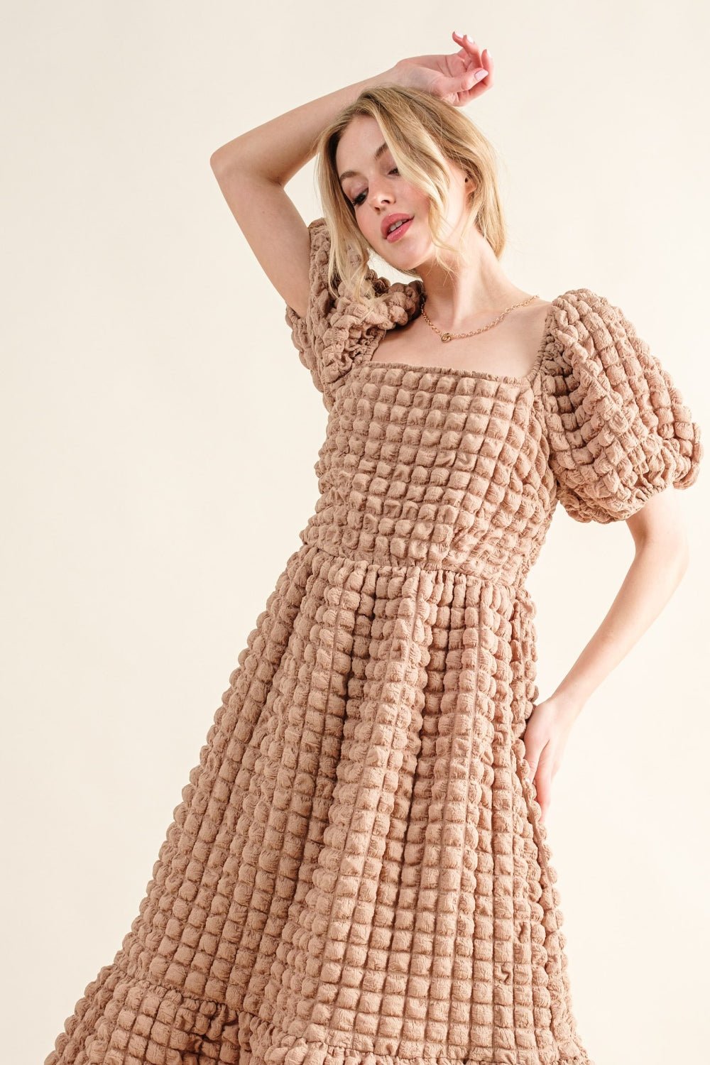 And the Why - Square Neck Puff Sleeve Midi Dress in Latte