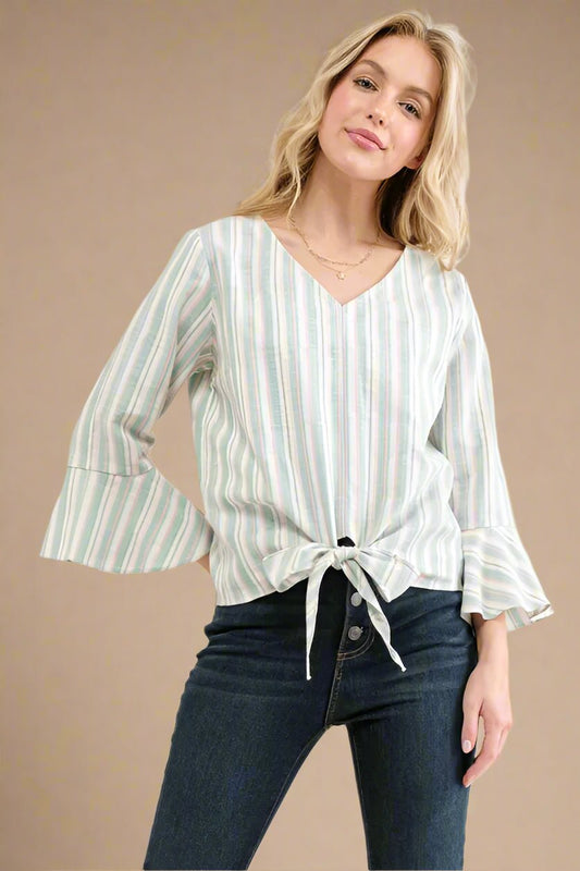And the Why - Striped Tie - Front Blouse in Mint & Rose Stripe