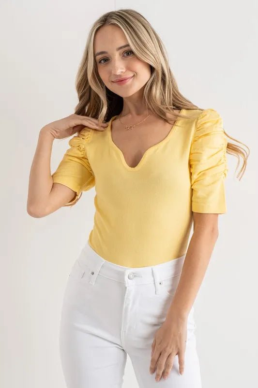 And the Why - Sunbeam Yellow Ruched Puff Sleeve Bodysuit