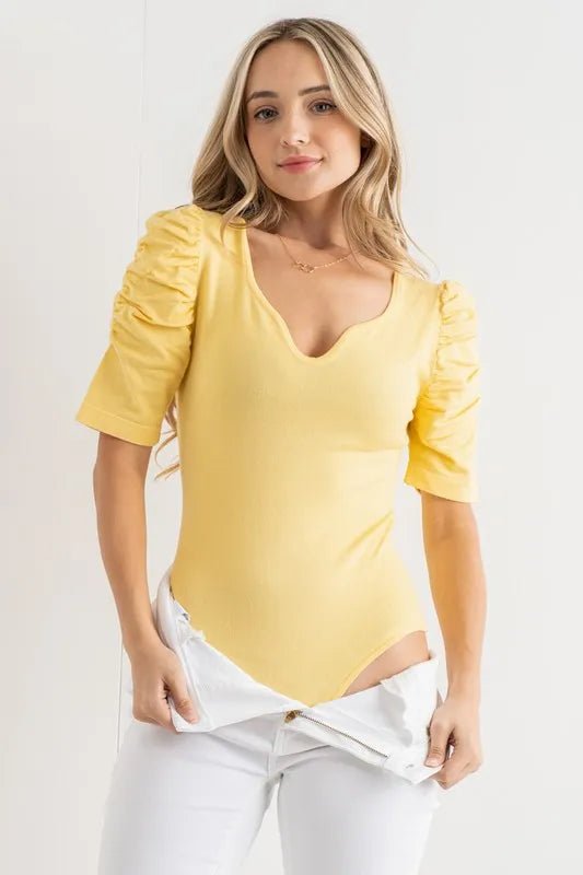 And the Why - Sunbeam Yellow Ruched Puff Sleeve Bodysuit
