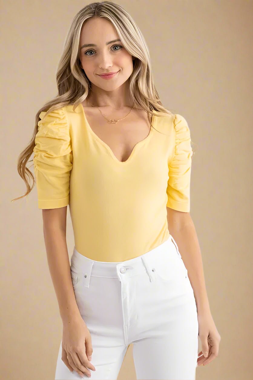 And the Why - Sunbeam Yellow Ruched Puff Sleeve Bodysuit