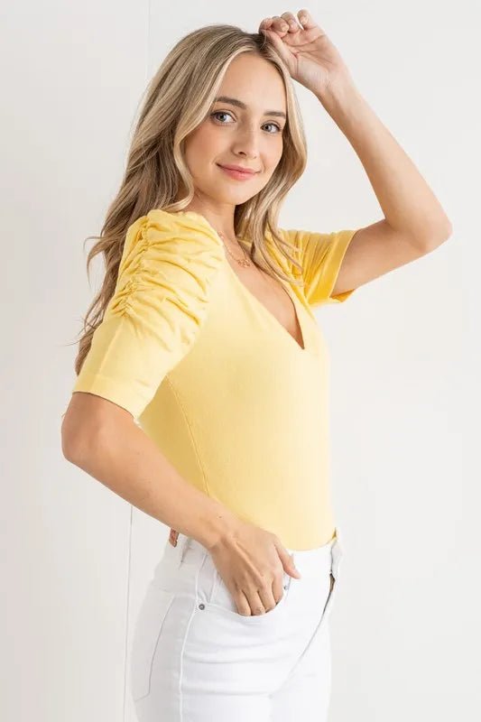 And the Why - Sunbeam Yellow Ruched Puff Sleeve Bodysuit