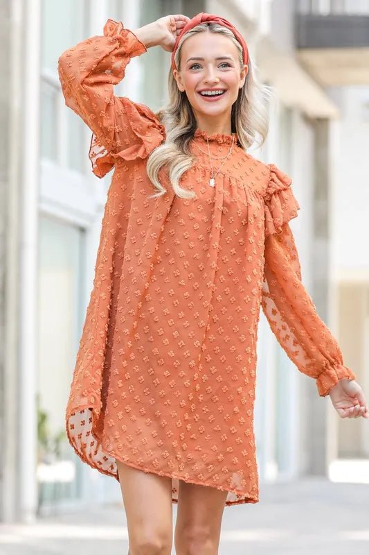 And the Why - Swiss Dot Textured Mini Dress in Burnt Sienna