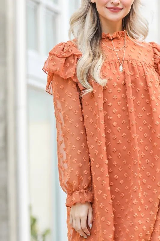 And the Why - Swiss Dot Textured Mini Dress in Burnt Sienna