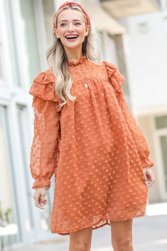 And the Why - Swiss Dot Textured Mini Dress in Burnt Sienna