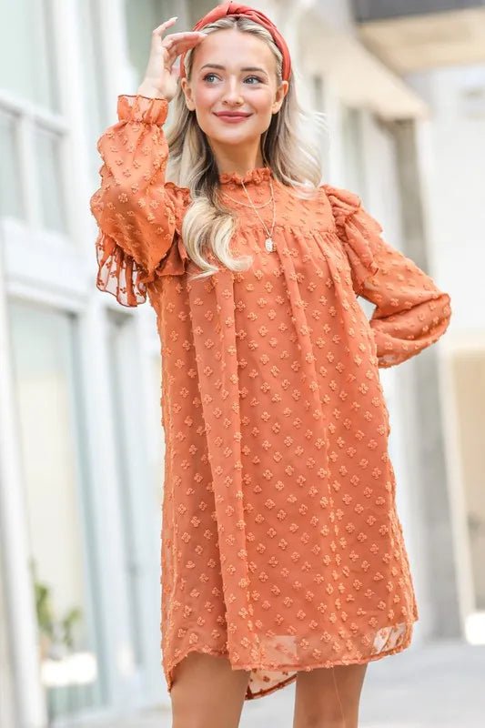 And the Why - Swiss Dot Textured Mini Dress in Burnt Sienna