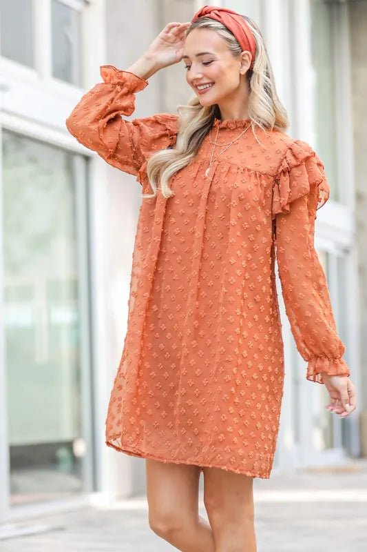 And the Why - Swiss Dot Textured Mini Dress in Burnt Sienna