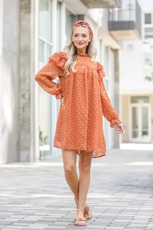 And the Why - Swiss Dot Textured Mini Dress in Burnt Sienna