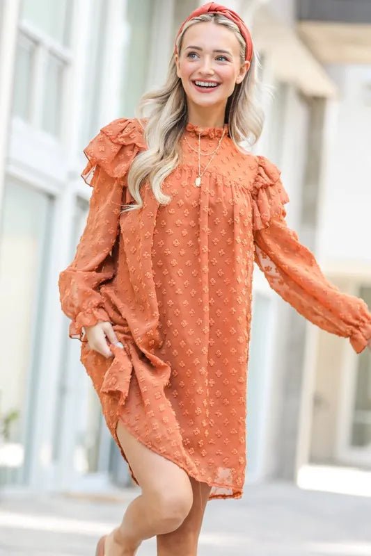 And the Why - Swiss Dot Textured Mini Dress in Burnt Sienna