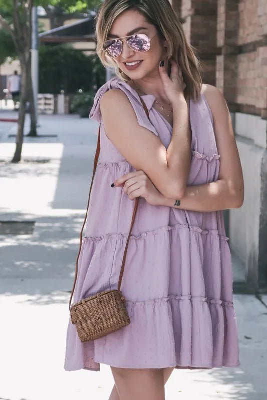 And the Why - Swiss Dot Tiered Mini Dress in Soft Lilac