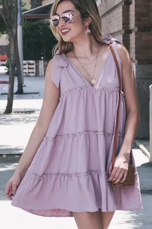 And the Why - Swiss Dot Tiered Mini Dress in Soft Lilac