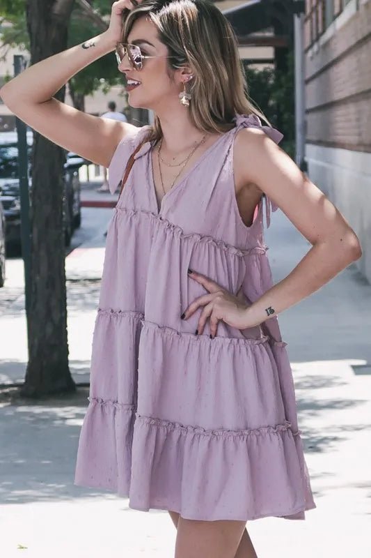 And the Why - Swiss Dot Tiered Mini Dress in Soft Lilac