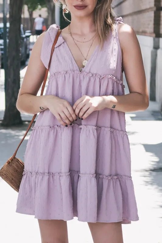 And the Why - Swiss Dot Tiered Mini Dress in Soft Lilac