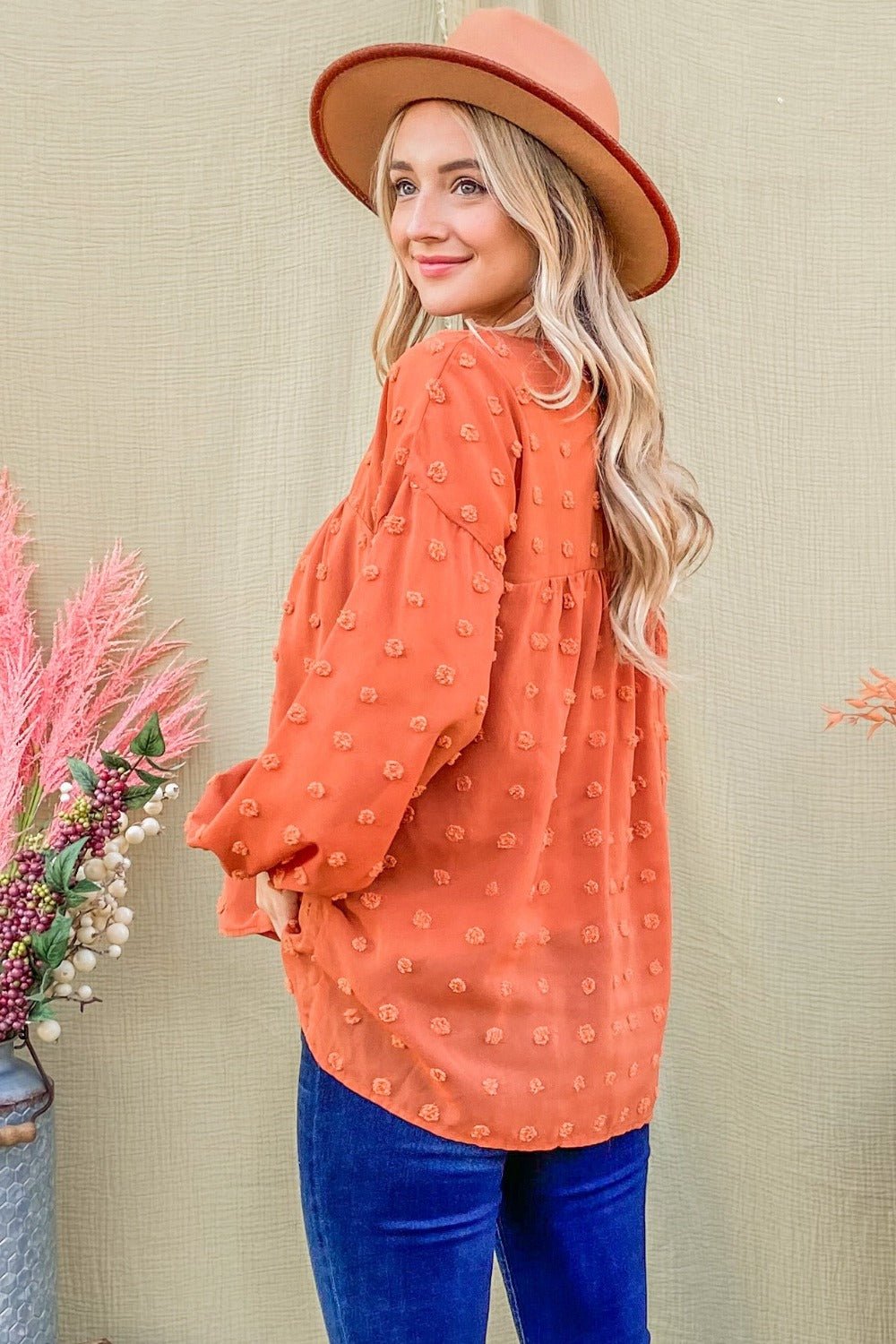 And the Why - Swiss Dot V - Neck Balloon Sleeve Woven Blouse in Rust