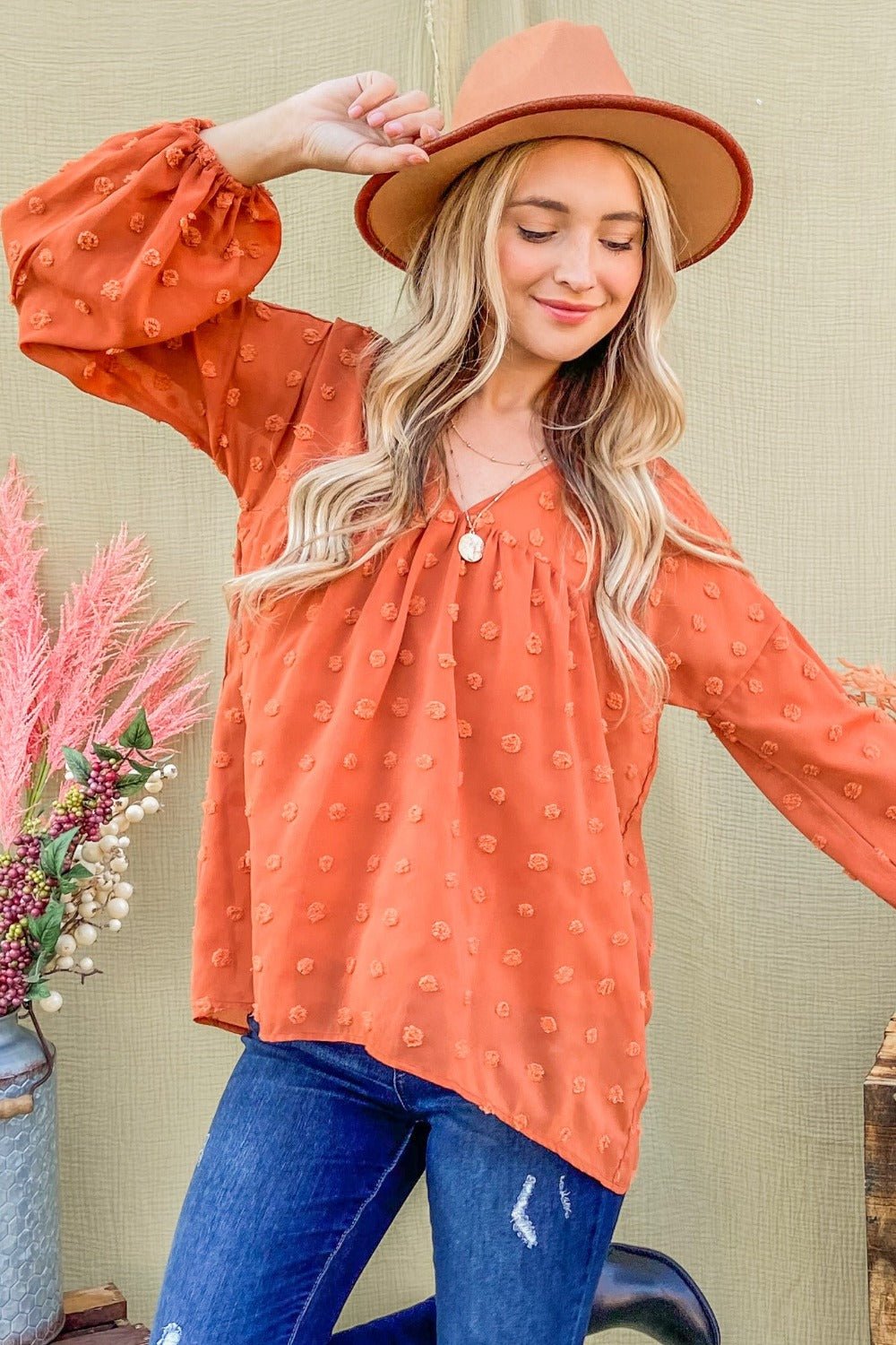 And the Why - Swiss Dot V - Neck Balloon Sleeve Woven Blouse in Rust