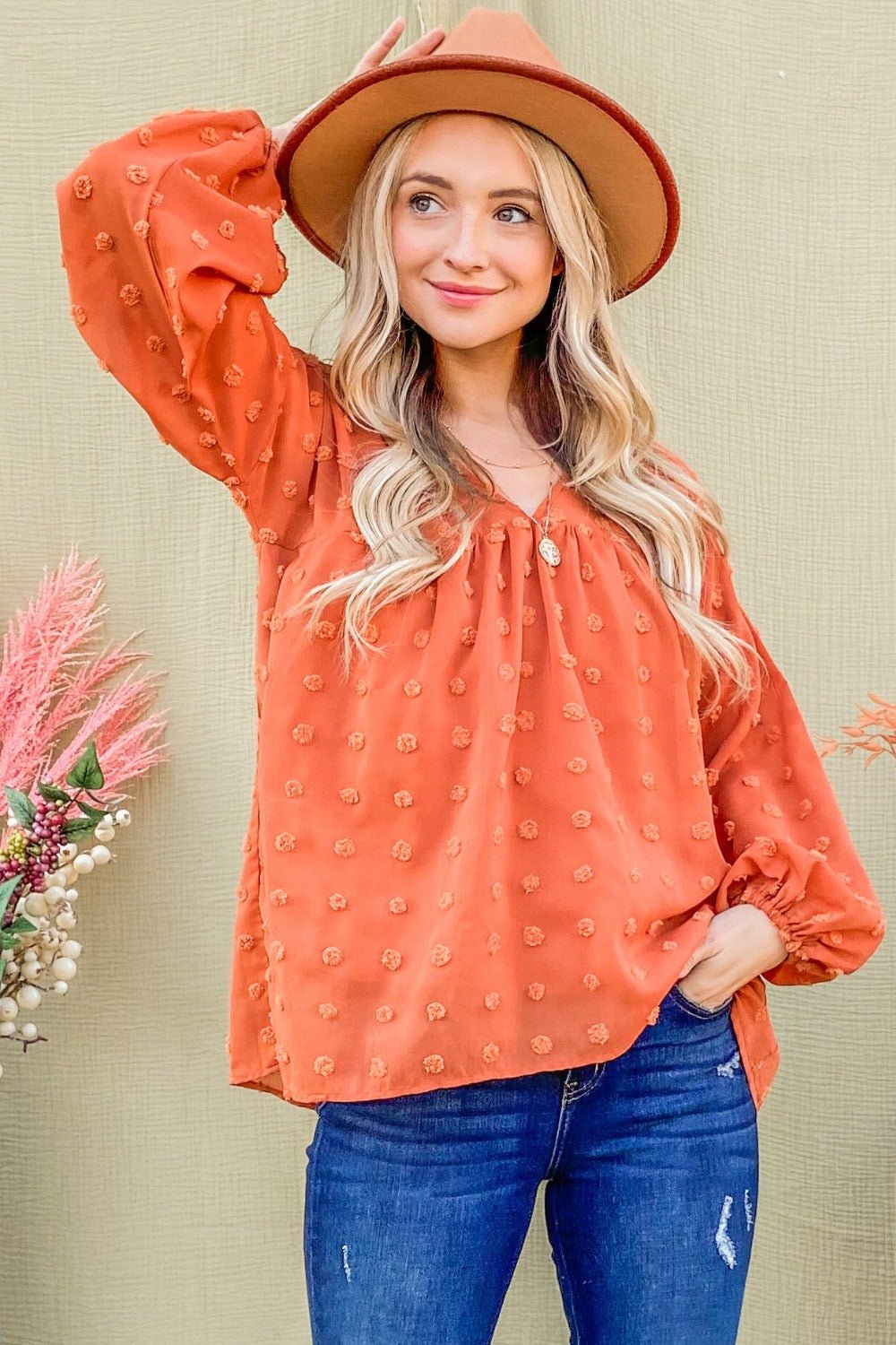 And the Why - Swiss Dot V - Neck Balloon Sleeve Woven Blouse in Rust