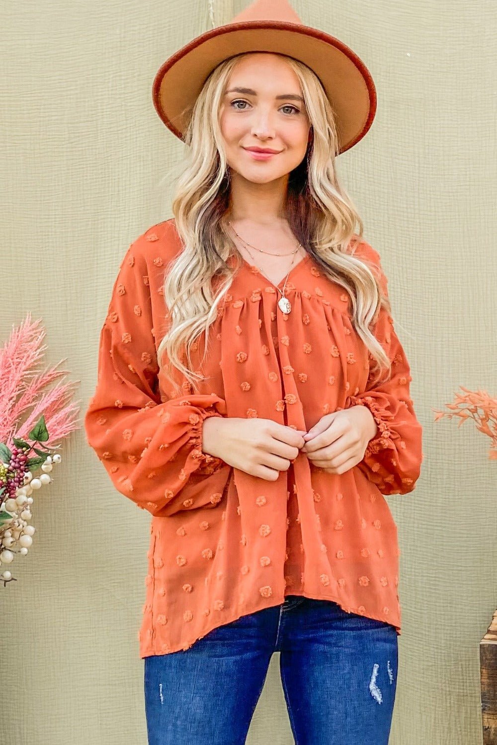 And the Why - Swiss Dot V - Neck Balloon Sleeve Woven Blouse in Rust