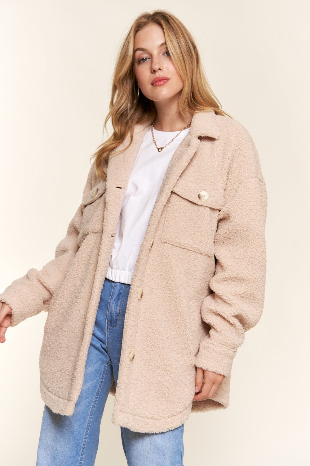 And the Why - Teddy Sherpa Button Down Curved Hem Shacket in Natural