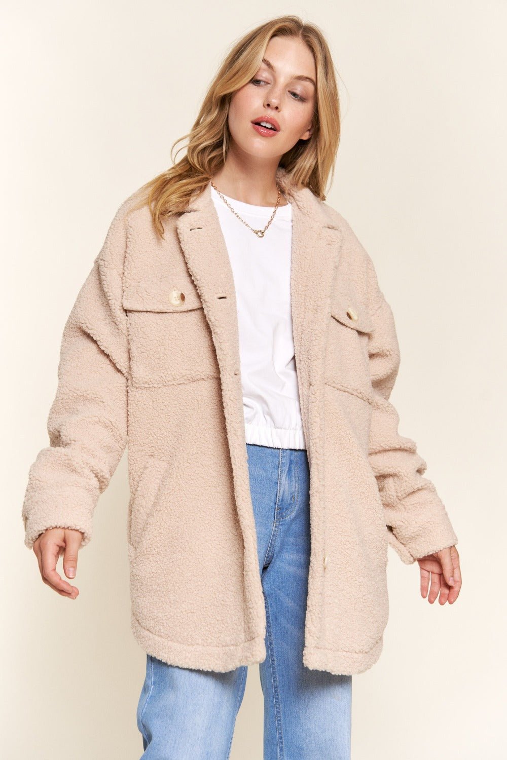 And the Why - Teddy Sherpa Button Down Curved Hem Shacket in Natural