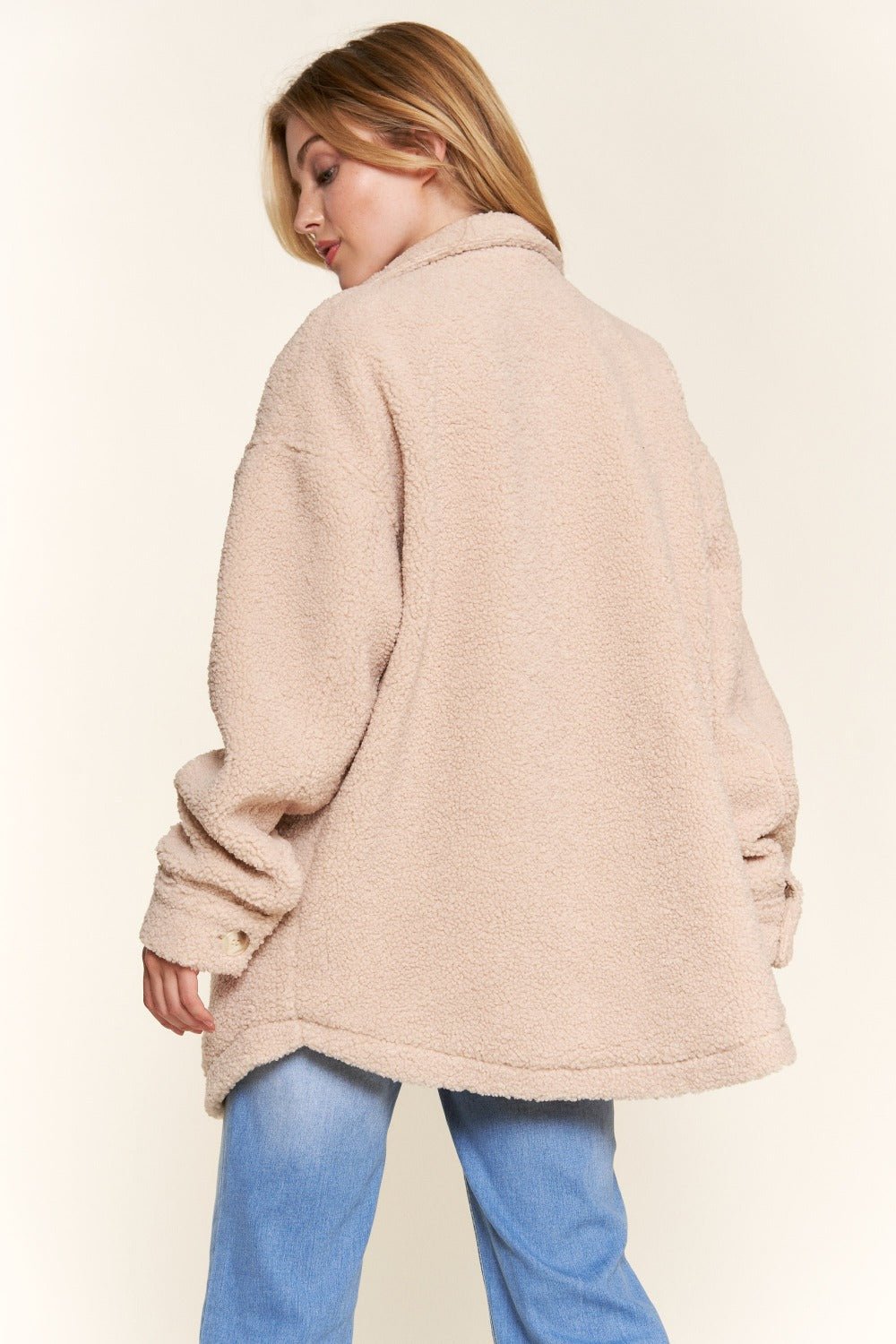 And the Why - Teddy Sherpa Button Down Curved Hem Shacket in Natural