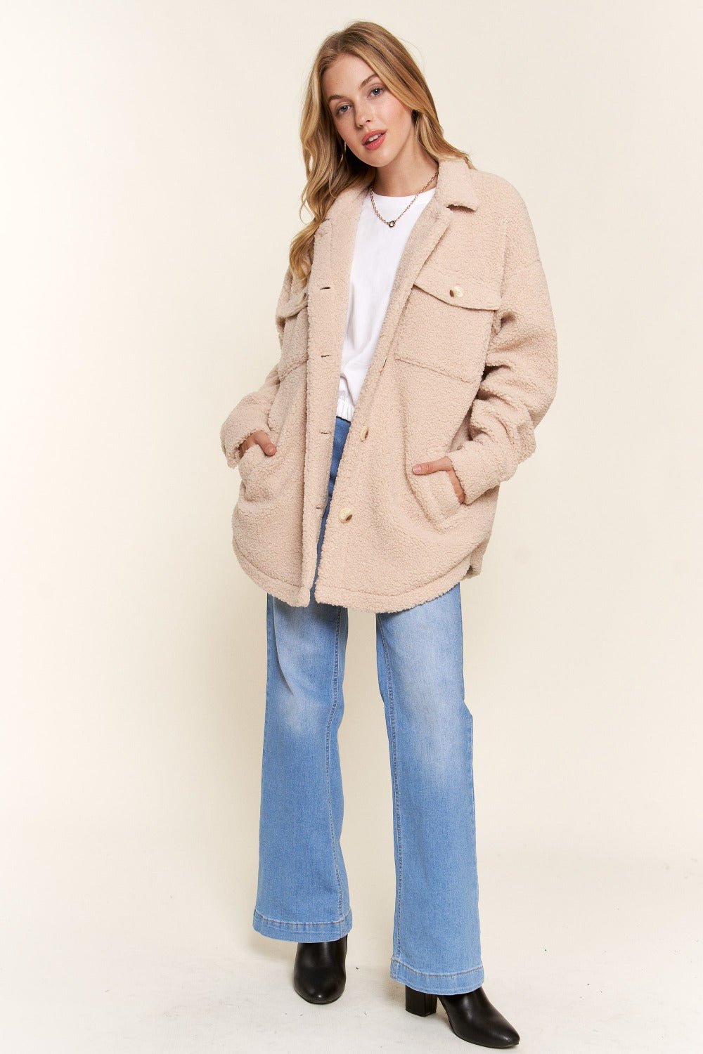 And the Why - Teddy Sherpa Button Down Curved Hem Shacket in Natural