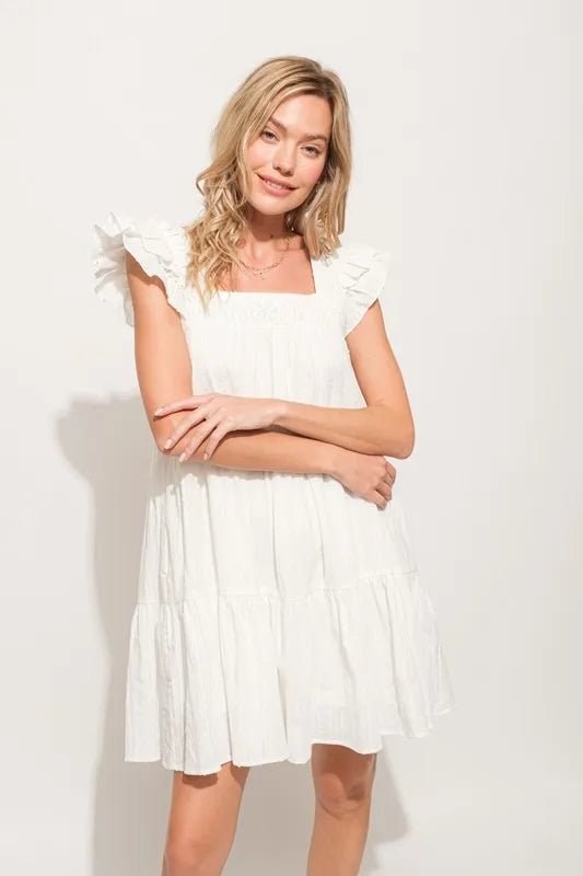 And the Why - Textured Babydoll Mini Dress in Crisp White