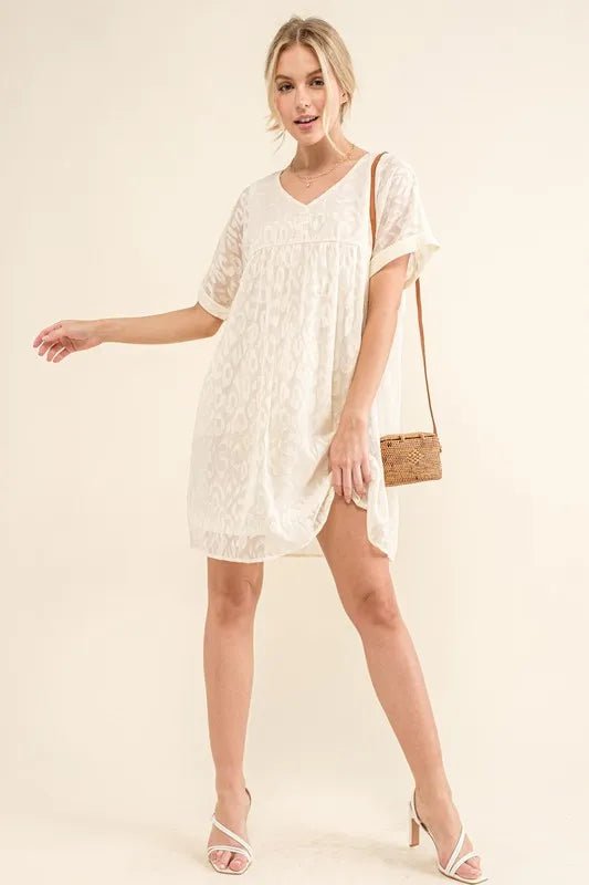 And the Why - Textured Leopard Jacquard Mini Dress in Cream Ivory
