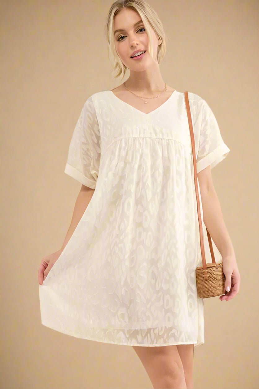 And the Why - Textured Leopard Jacquard Mini Dress in Cream Ivory