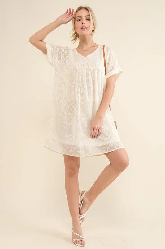 And the Why - Textured Leopard Jacquard Mini Dress in Cream Ivory