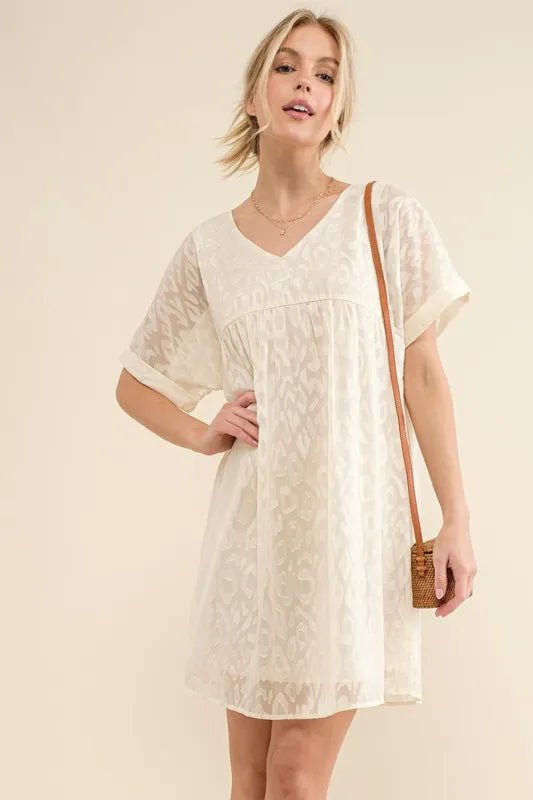 And the Why - Textured Leopard Jacquard Mini Dress in Cream Ivory