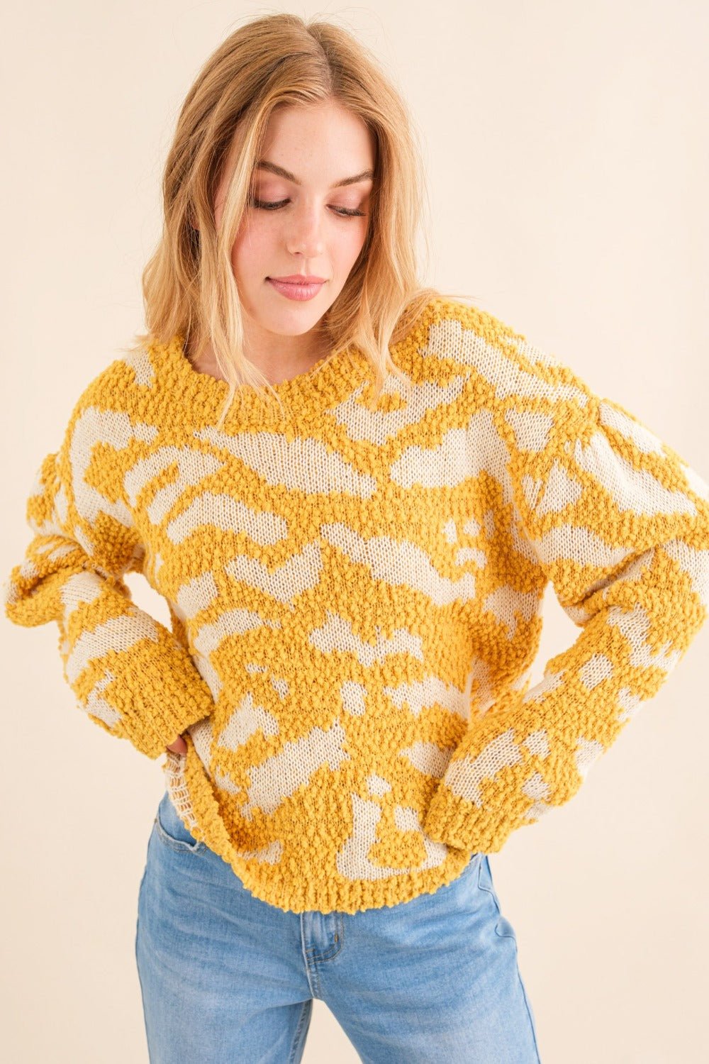 And the Why - Textured Pattern Contrast Sweater in Mustard