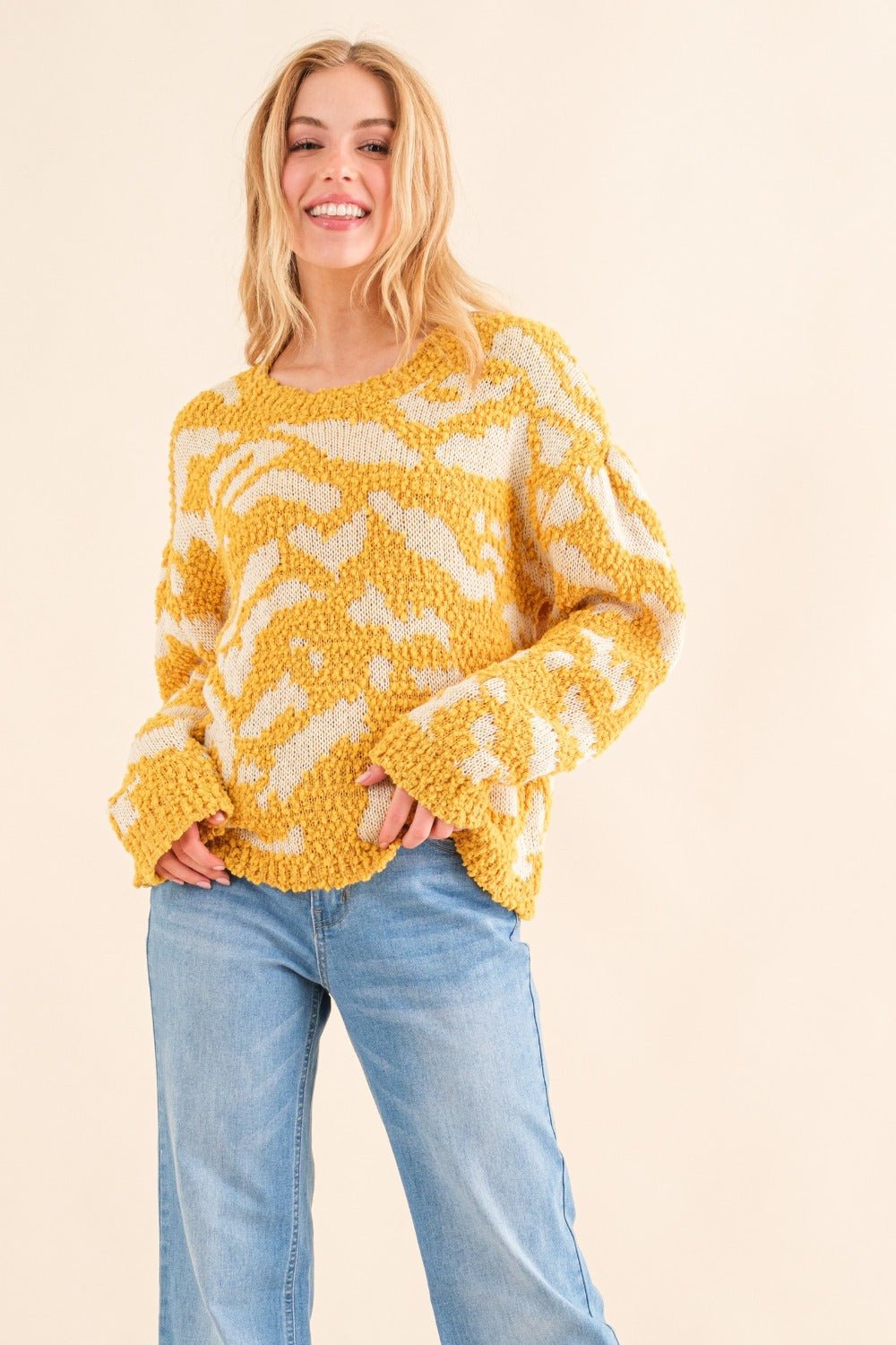 And the Why - Textured Pattern Contrast Sweater in Mustard