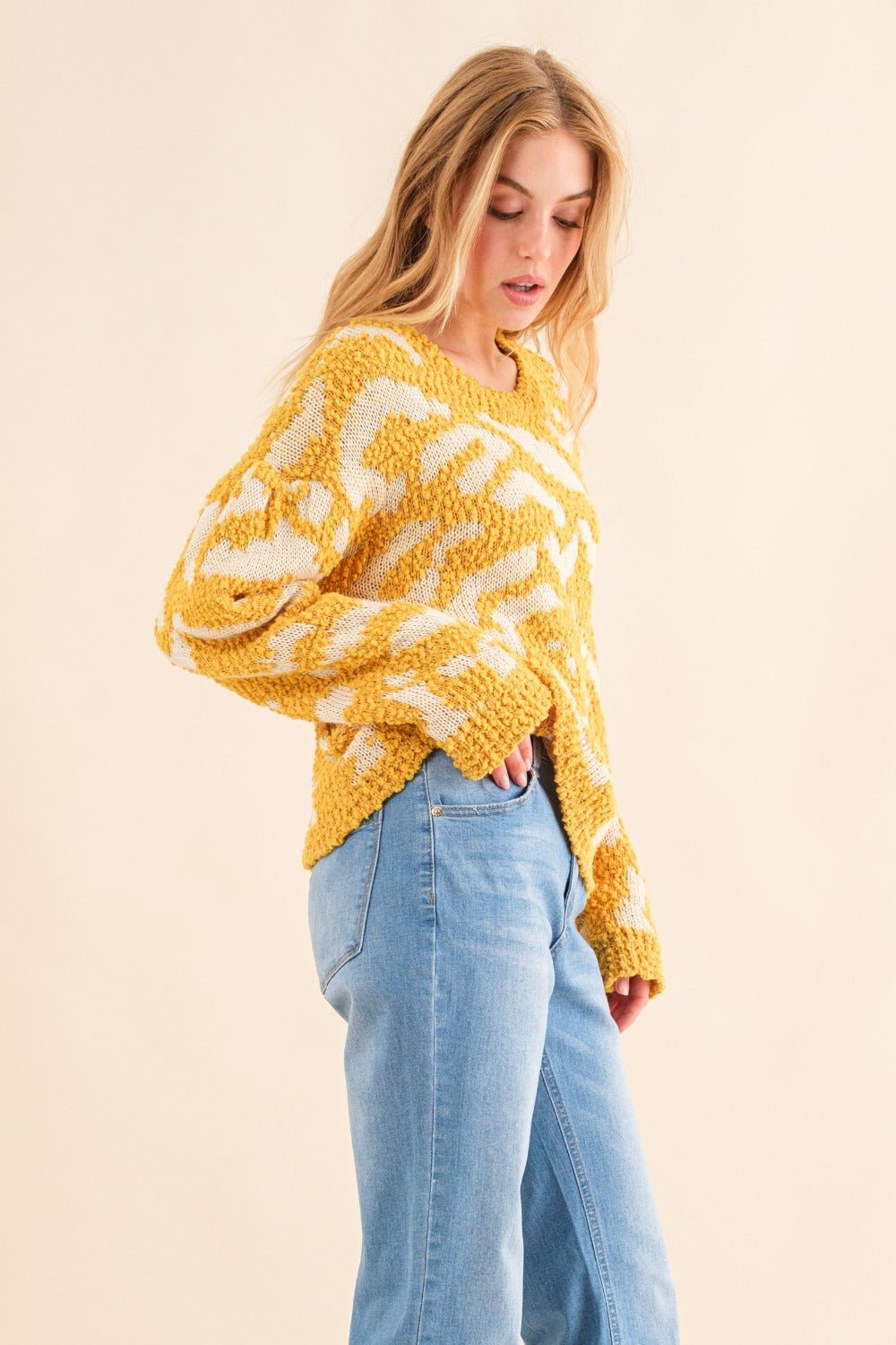 And the Why - Textured Pattern Contrast Sweater in Mustard