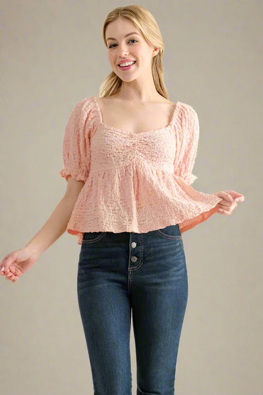 And the Why - Textured Puff Sleeve Peplum Top in Soft Blush Pink