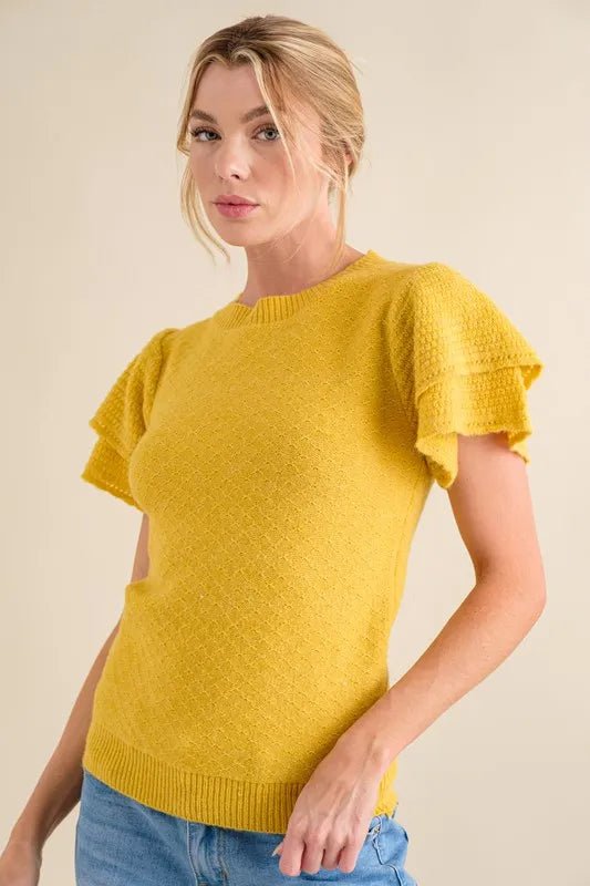 And the Why - Textured Ruffle Sleeve Sweater Top in Mustard Yellow