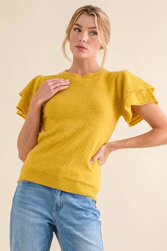 And the Why - Textured Ruffle Sleeve Sweater Top in Mustard Yellow