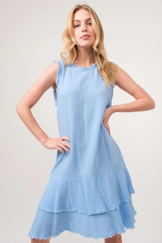 And the Why - Textured Sleeveless Tiered Dress in Sky Blue