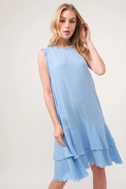 And the Why - Textured Sleeveless Tiered Dress in Sky Blue