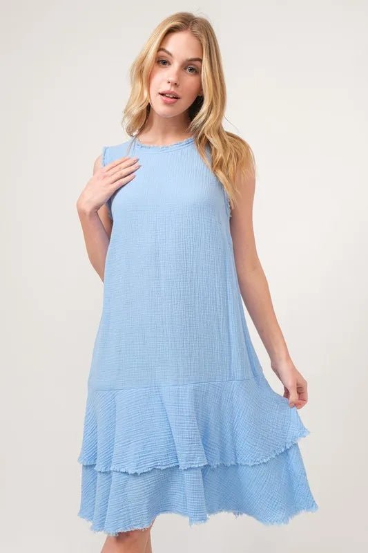 And the Why - Textured Sleeveless Tiered Dress in Sky Blue