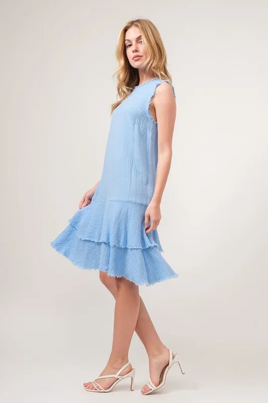 And the Why - Textured Sleeveless Tiered Dress in Sky Blue