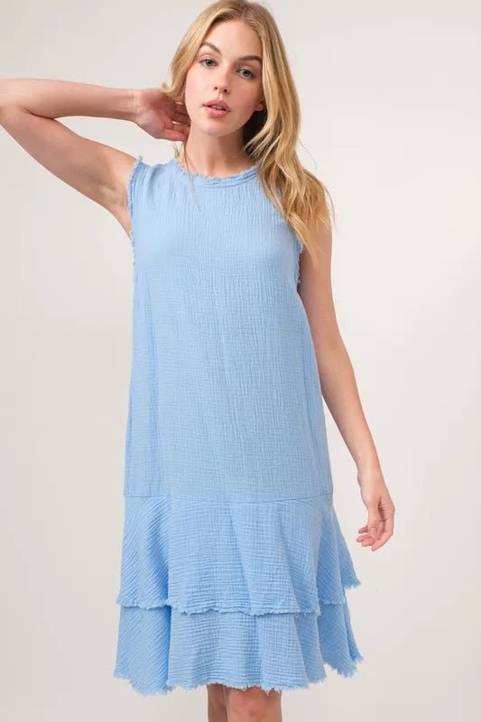 And the Why - Textured Sleeveless Tiered Dress in Sky Blue