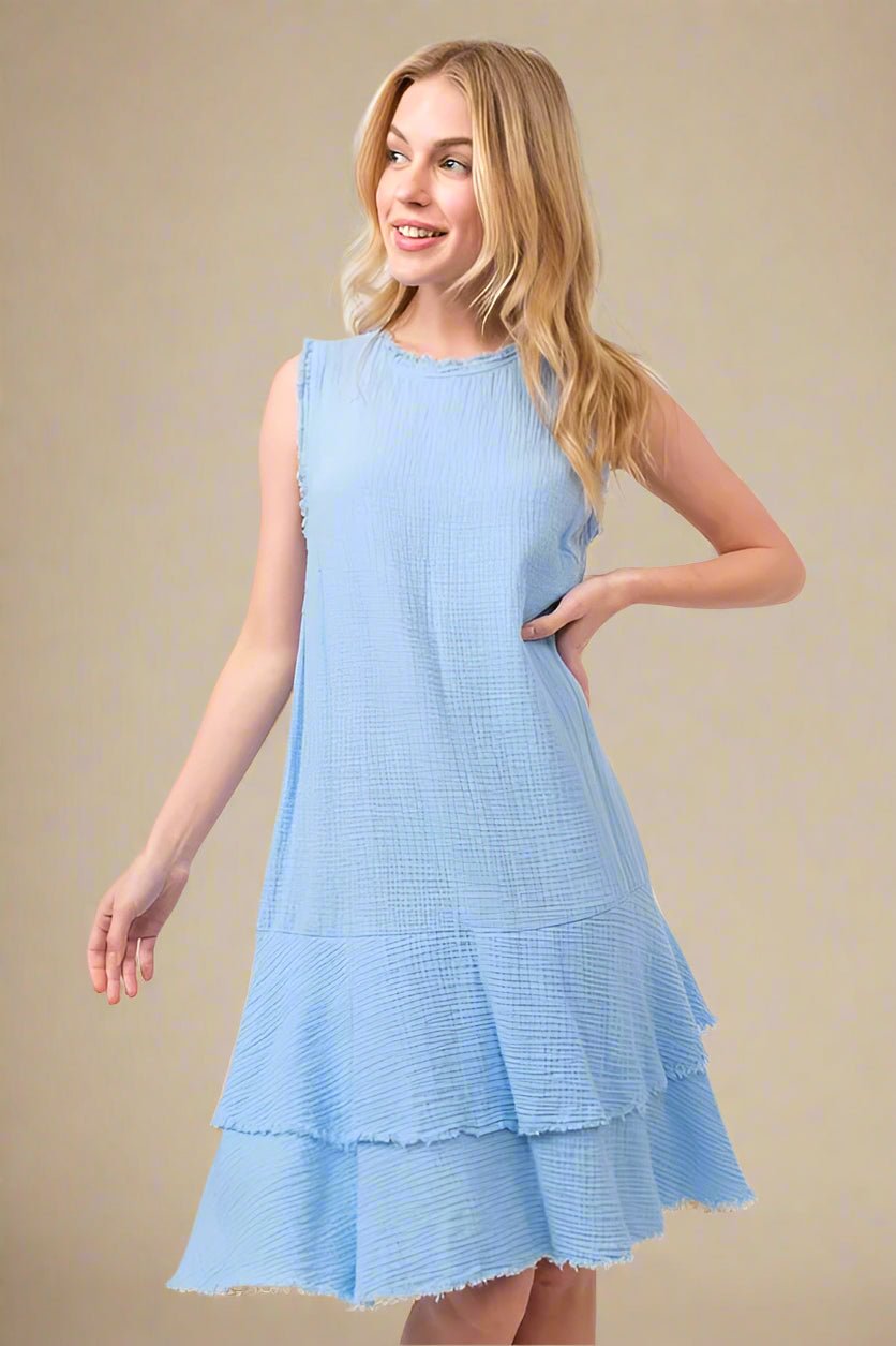And the Why - Textured Sleeveless Tiered Dress in Sky Blue
