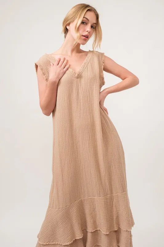 And the Why - Textured Tiered Maxi Dress in Soft Mocha