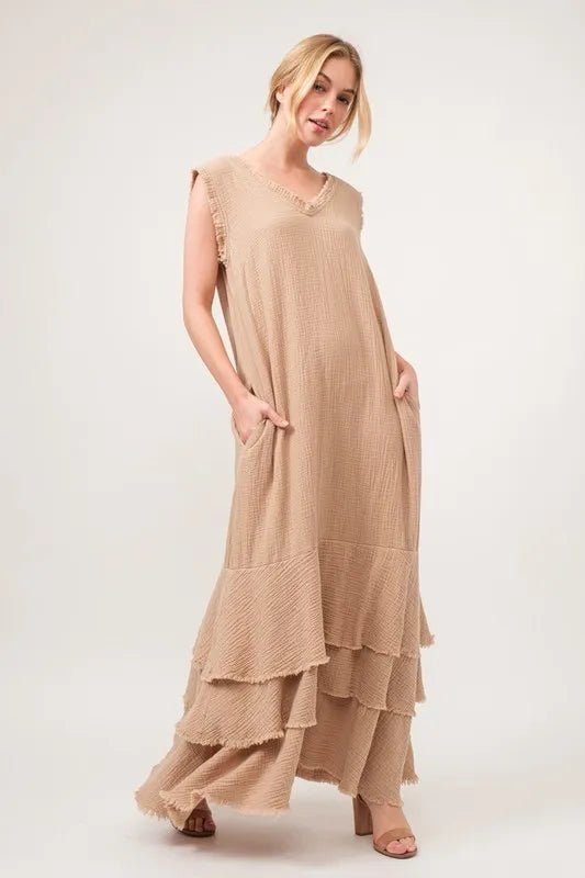 And the Why - Textured Tiered Maxi Dress in Soft Mocha