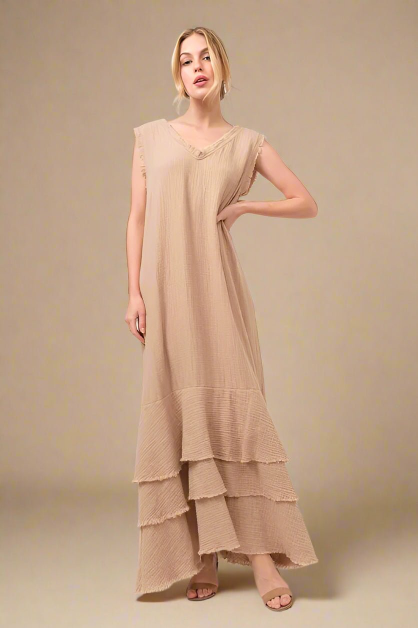 And the Why - Textured Tiered Maxi Dress in Soft Mocha