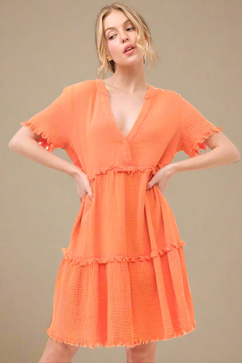 And the Why - Textured Tiered Mini Dress in Bright Tangerine